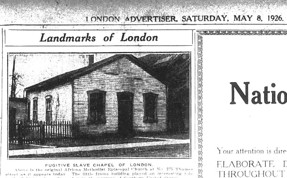 Newspaper clipping - "London Advertiser, Saturday, May 8, 1926 - Landmarks of London - Fugitive Slave Chapel. The clipping includes a black and white image of the chapel as it appeared in 1926.