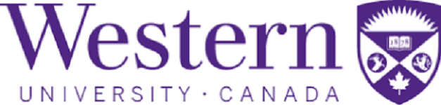 The official logo of Western University. A coat of arms consisting of a sunburst, a book with "1878" on the pages, a rearing moose and lion and a maple leaf. To the left of the coat of arms is "Western University - Canada"