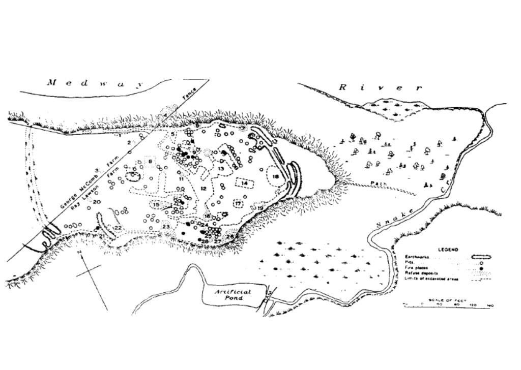 The Wintemburg map of the Lawson Site showing surrounding terrain and Wintemburg's excavations.