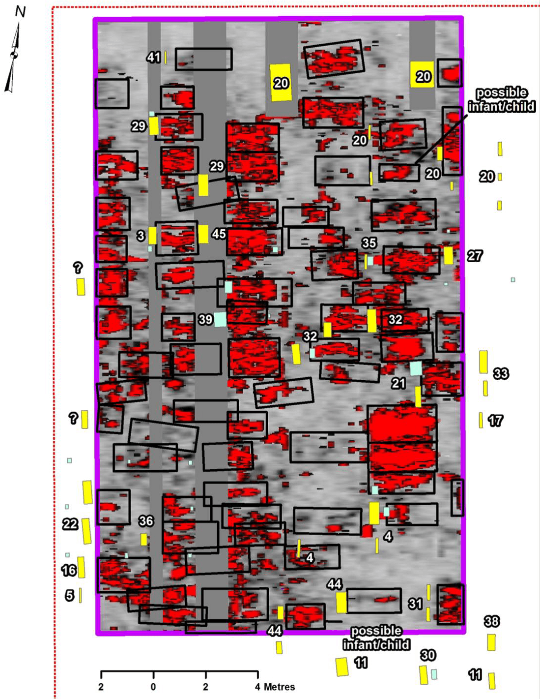 GPR composite data showing the outlines of possible graves at the Griffith Plots - Brick Street Cemetery