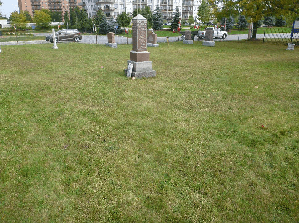 Image of the Dale Section, containing over a few visible headstones on a grassy surface, looking Northeast - Brick Street Cemetery