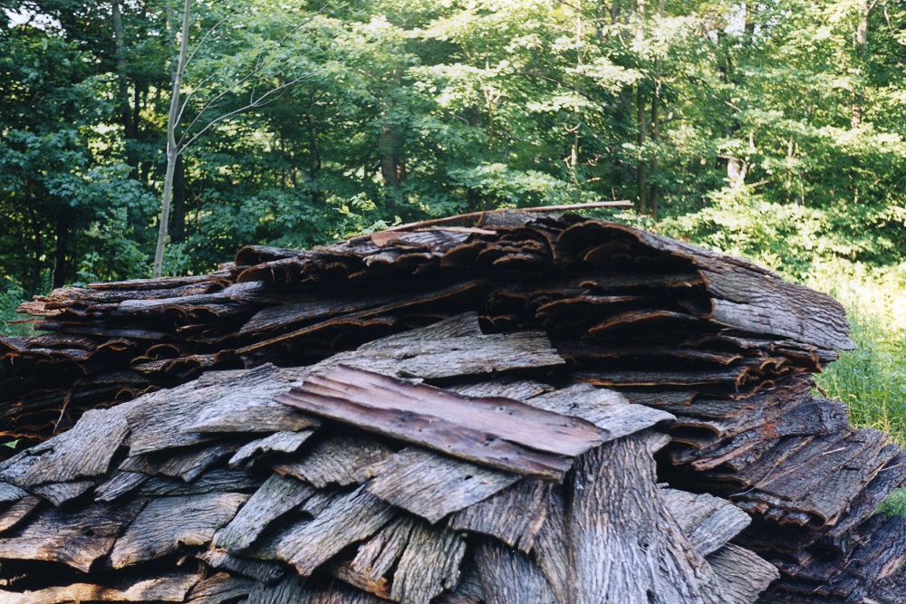 Close-up image of pile of bark siding debris