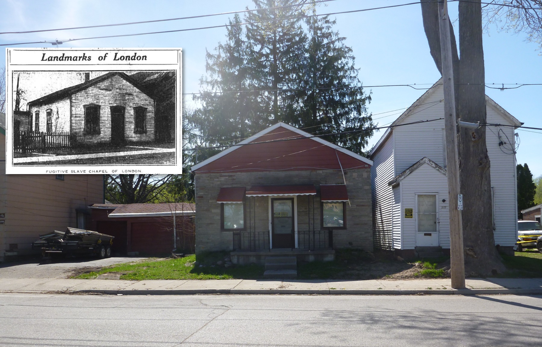 One of the last images of the Fugitive Slave Chapel on its original lit. An inset of a newspaper clipping image from the 1920s is also shown. The building's exterior siding and windows have changed in the intervening period.