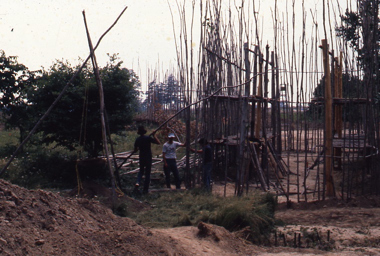 An image of the 1980 Longhouse Reconstruction in progress. Vertical poles and horizontal benches are in place but the roof has yet to take form