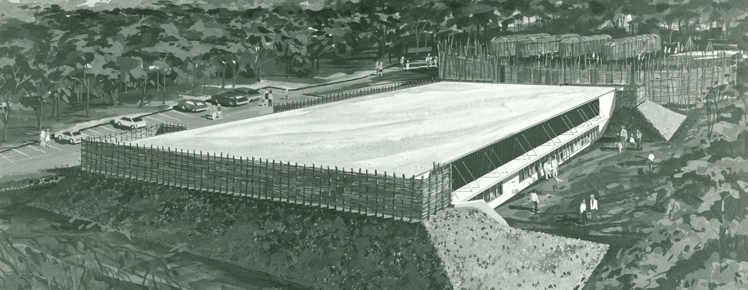 The original site concept for the Museum of Ontario Archaeology. The foreground shows the museum with a rear plaza. The background shows a reconstructed village with four longhouses