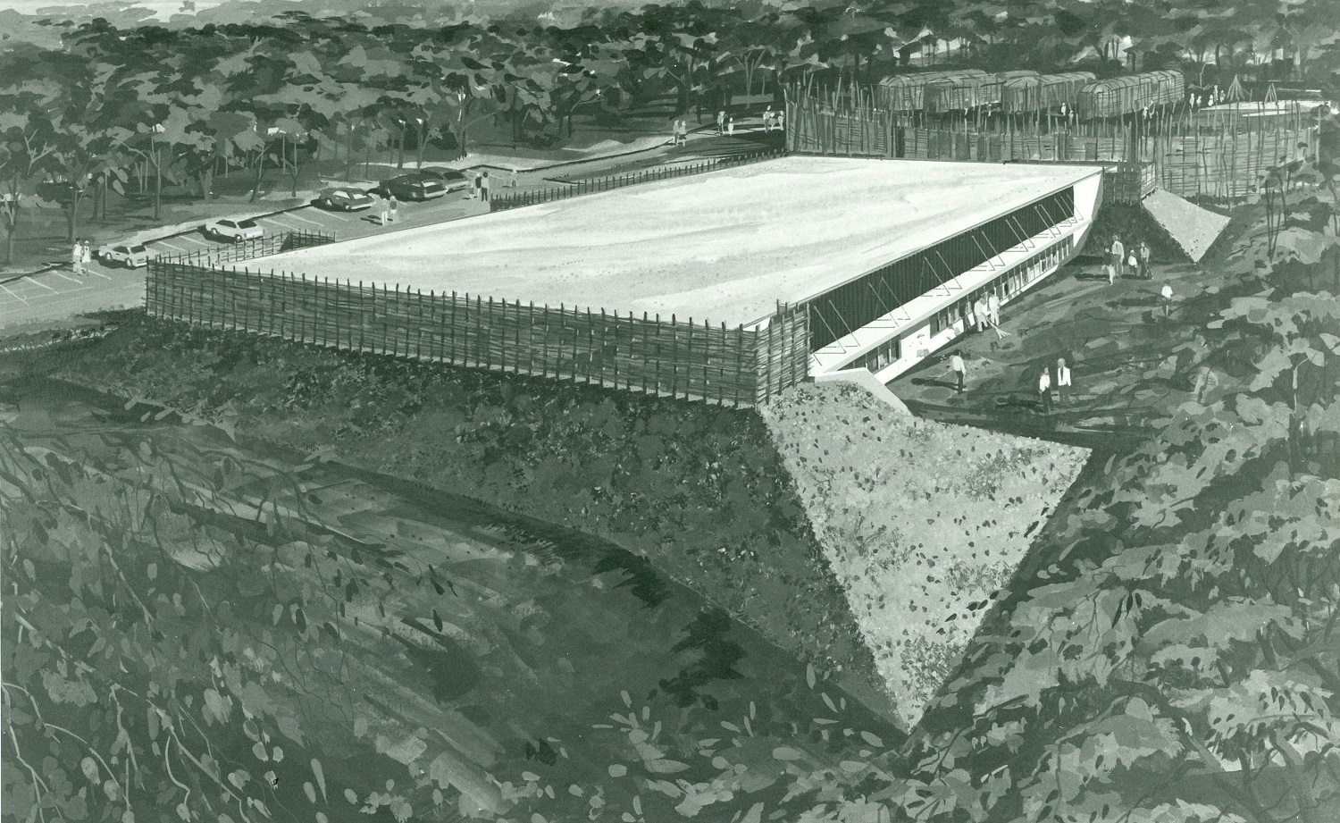 The original site concept for the Museum of Ontario Archaeology. The foreground shows the museum with a rear plaza. The background shows a reconstructed village with four longhouses