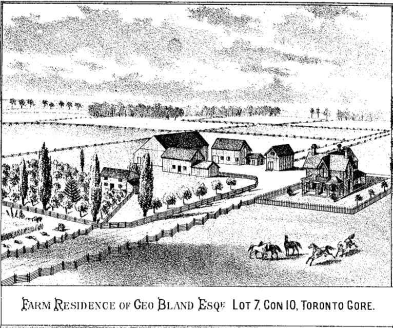 A homestead sketch showing fence fields, a number of barns and sheds, and a two storey residence. The sketch is labelled 