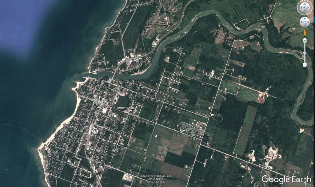 A satellite image of Southampton Ontario taken from Google Earth.