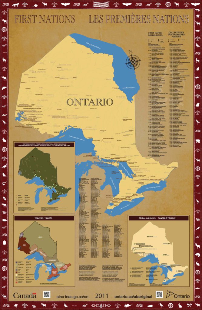 A map showing the locations of each First Nation in Ontario. Three inset maps also show tribal councils, treaty areas, and reserve lands