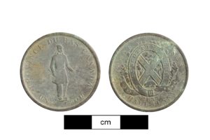 Two sides of an 1837 Half Penny are shown. The heads side shows an embossed male figure with the words "Province du Bas Canada - Un Sou". The tails side shows a coat of arms with the words "Concordian" illegible "US"