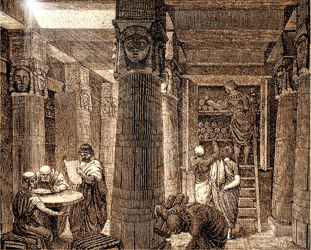 A detailed etching of robed scholars among the columns of the Library of Alexandria. The scholars are shown reading or handling scrolls