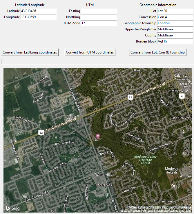 A screenshot of the Borden Calculator application showing coordinates inputs and lot information and Borden Block outputs above an interactive map