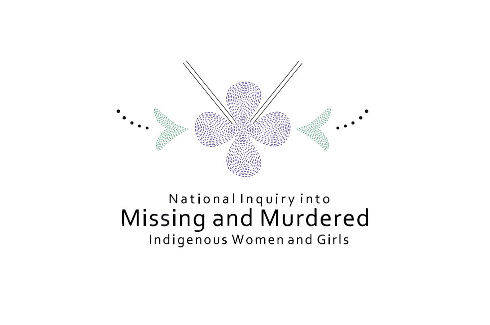 The stylized logo of the National Inquiry into Missing and Murdered Indigenous Women and Girls. Reminiscent of intricate beadwork, a four-petalled purple flower appears suspended from a necklace. Two green leaves looking like arrows point to the center from the left and right. Black dots extend out and up from each suggesting a path or movement towards the center.