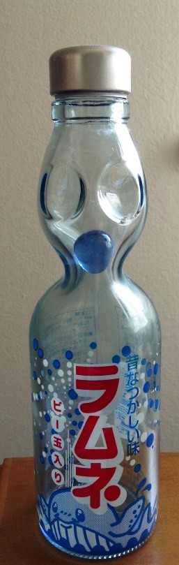 A contemporary Japanese Ramune Bottle showing the signature Codd Bottle neck and glass bead.