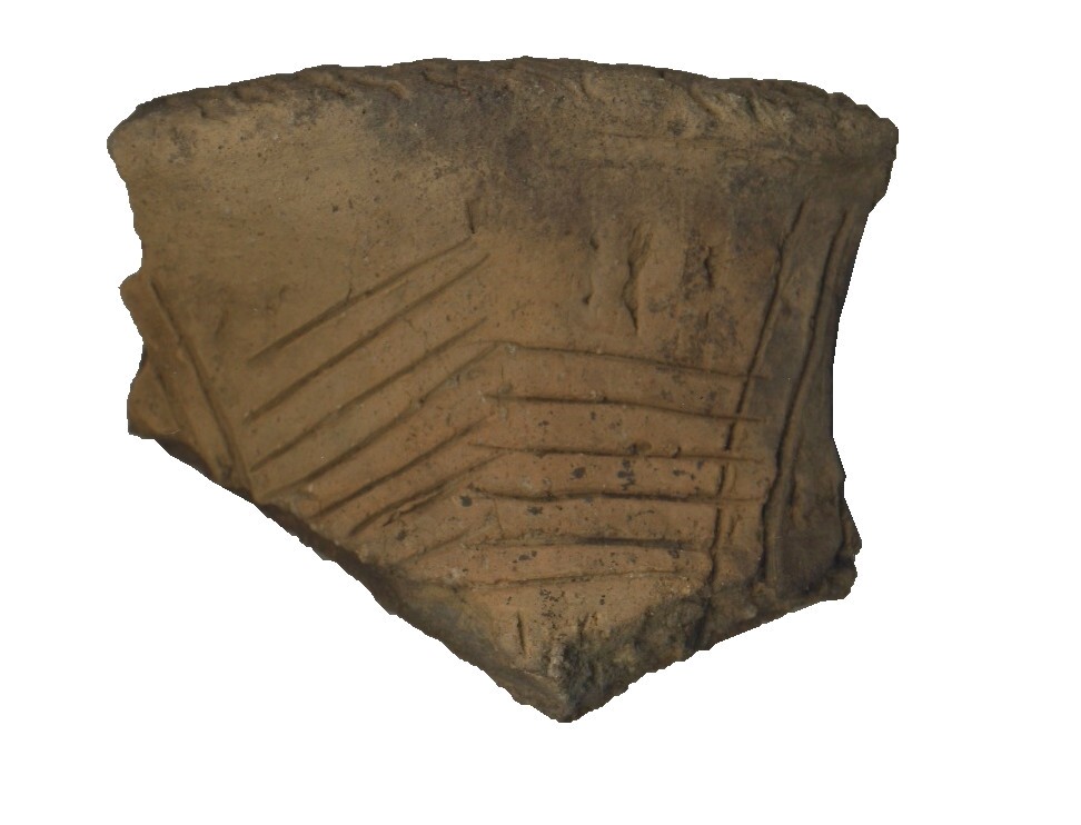 a pottery rimsherd with etched line detailing