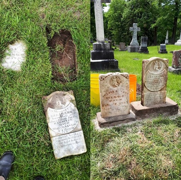 A side-by-side view of images showing headstones in a cemetery in the process of being cleaned