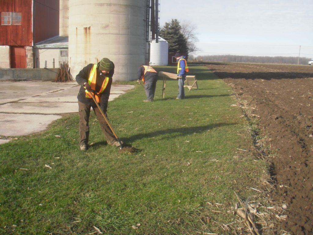 Two workers dig testpits on a strip of grass between a ploughed field and a farm
